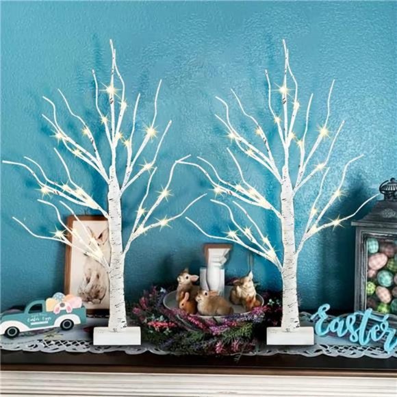 2-Pack 2FT Lighted Birch Tree, Easter Tree Decor Birch Tree with 48 LED Lights - Picture 6 of 7